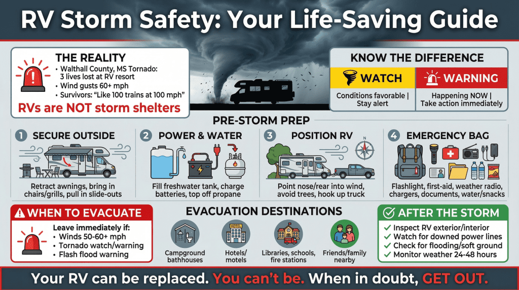 Should You Stay in Your RV During a Storm? 2 What to do in a storm in an RV during a hurricane, tornado, or heavy winds.