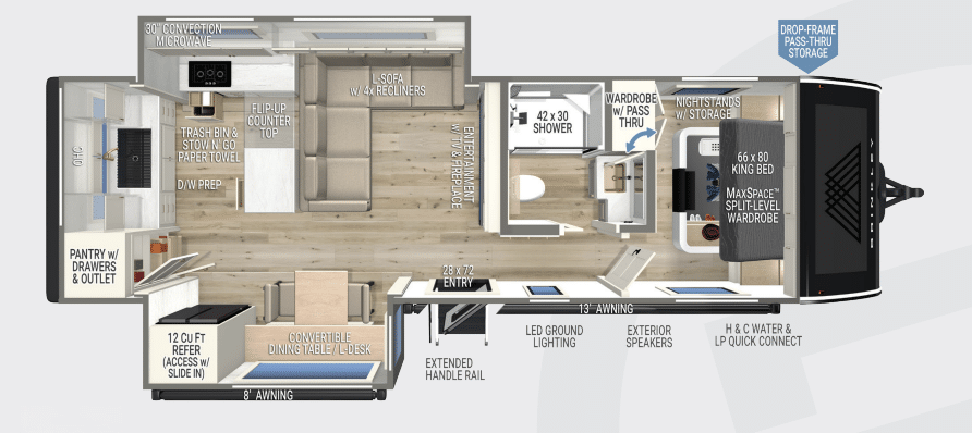 RV floorplan with living and sleeping areas